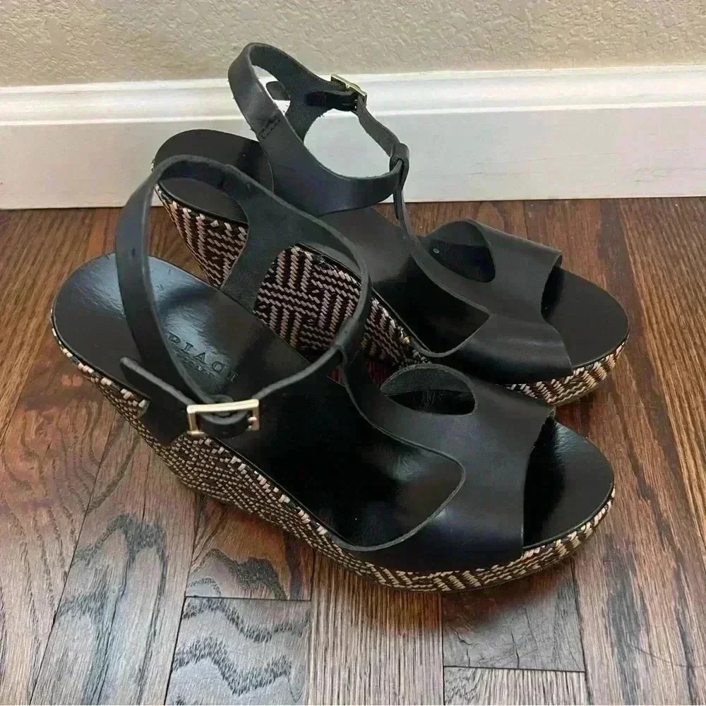 MI PIACI Heeled Sandals Peep Toe Women Size 38 US 7 Black Leather Made In Italy